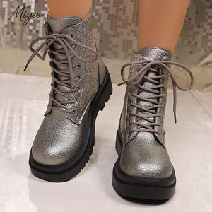 Bottines à lacets en cuir PU à paillettes dorées, tendance automne-hiver 2026, pour femmes, plateforme, semelle épaisse, bottines courtes - Product Image 3