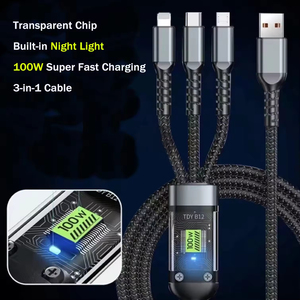 Cable USB-C de Carga Rápida de 100W 3 en 1 con Indicador de Energía Transparente para Teléfonos iPhone y Android con Construcción de Aleación de Aluminio - Product Image 4