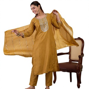 Women's Mustard Cotton Salwar Kameez Set With Embroidered Neckline And Dupatta Casual Traditional Wear India Pakistan Style - Product Image 1