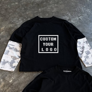 T-shirt da uomo oversize <span class=keywords><strong>nera</strong></span> con logo personalizzato, maniche lunghe in maglia <span class=keywords><strong>termica</strong></span> mimetica, pannello a strati e taglio squadrato, stile hip-hop - Product Image 2