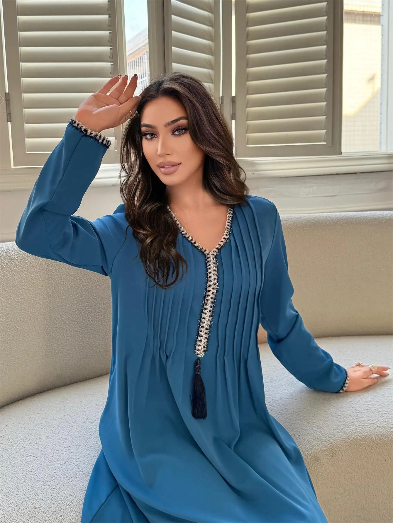 maxi dress hijab casual Elegant Crepe Abaya Gathered High Neck Modest Maxi Dress with Pockets Casual & Occasion Wear Long Sleeve