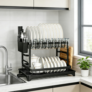 2025 Hot Selling Carbon Steel Black 2 Tier Tableware <b>Dish</b> Drying Drainer Dyer Rack with Cutlery Holder Made in China - Product Image 4