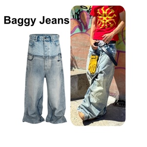 Vaqueros unisex personalizados de doble cintura, estilo urbano holgado con lavado ácido, efecto desgastado y pierna ancha para hombre y mujer con bordado. - Product Image 1