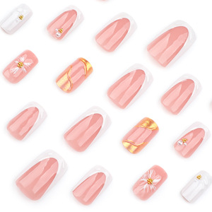 <span class=keywords><strong>Uñas</strong></span> Postizas de Lujo con Flores en Relieve 3D y Lámina Dorada, Forma Ataúd Mediana, Punta Francesa Rosa, Detalles de Perlas, Hechas a Mano, Reutilizables, Acrílicas - Product Image 2