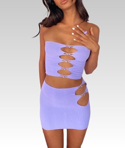 Fashion Diamond Decorated <strong>Shiny</strong> Cut Out <strong>Top</strong> and Mini Skirt Set Women - Product Image 4