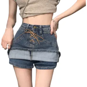 Rok Jeans Musim Panas Wanita, Rok Pendek Mini Tali Ikat Pinggang Tinggi Musim Panas untuk Perempuan