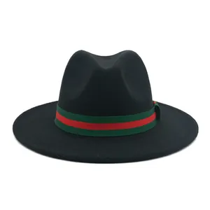 Оптовая продажа, 2023 Женская Зимняя шерстяная шляпа с плоскими полями, Красная Зеленая лента, фетровая шляпа-федора, Панама