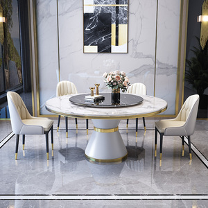 Italian Style Round <b>Marble</b> Dining <b>Table</b> With Rotatable <b>Top</b> And Chairs Set For Home Dining Room - Product Image 3