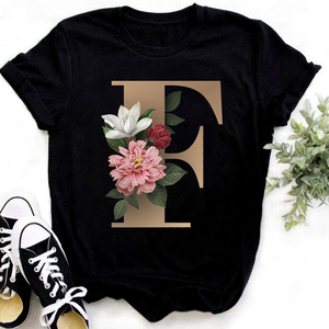 26 lettres anglaises dorées à imprimé fleurs T-shirt pour femmes européen et américain grande taille décontracté haut à manches courtes - Product Image 6