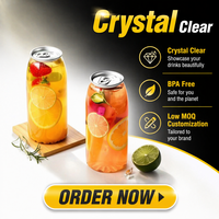 Vente en gros de canettes cylindriques transparentes en PET imprimées sur mesure, avec couvercle à vis en aluminium de qualité alimentaire, pour bière, soda, jus, thé, 250 ml, 500 ml