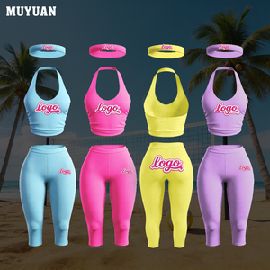Completo Due Pezzi da Donna di Alta Qualità, Tinta Unita, Collo Halter, Senza Maniche, Pantaloni Capri, Estivo, in Cotone e Spandex, Abbigliamento Casual, Logo Personalizzato - Product Image 1