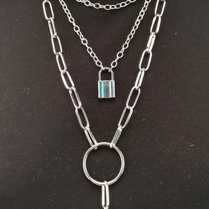 Geometric Multi Layer <b>Necklace</b> <b>Set</b> <b>Silver</b> Zinc Alloy Lock Pendant Fashion Jewelry - Product Image 4
