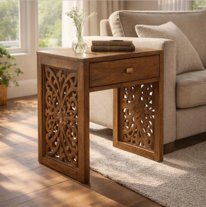 Mesita de Noche Moderna de Madera con Diseño Tallado a Mano, un Cajón de Almacenamiento, Mesa Auxiliar de Madera Maciza, Muebles Rústicos para Dormitorio, Decoración del Hogar - Product Image 6