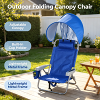 Chaise de plage pliable avec auvent réglable, chaise de camping inclinable portable pour l'extérieur avec porte-gobelet pour la plage, la pêche, le pique-nique