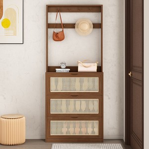 Solid Wood Rattan <b>Shoe</b> Cabinet Scandinavian Style <b>Storage</b> Unit <b>Space</b> <b>Saving</b> Entryway Organizer Modern Design Freestanding - Product Image 1