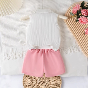 Ensemble 2 pièces pour filles, haut polo sans manches côtelé avec motif cœur, short <span class=keywords><strong>cargo</strong></span> à ceinture, vêtements d'été pour bébé de 1 à 4 <span class=keywords><strong>ans</strong></span> - Product Image 3