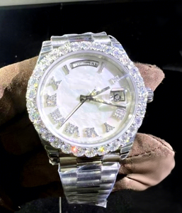 Montre pour homme entièrement sertie de diamants Moissanite VVS, verre en cristal, cadran en acier inoxydable, diamants taille baguette, résistance à l'eau 10 bars - Product Image 1