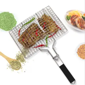 Folding Portable Stainless Steel Baking BBQ Grill Basket Fish Vegetables Shrimp Wire Mesh BBQ Grill For Picnics