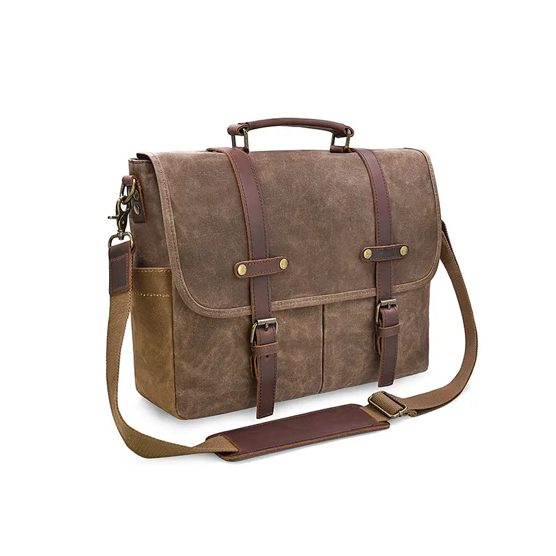 Mens Messenger Bag 15.6 Inch Waterproof Vintage Genuine Leather Waxed Canvas Briefcase Large Satchel Shoulder Laptop Bag
