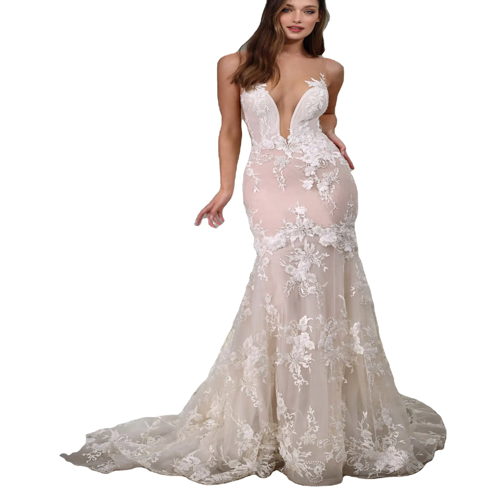 Sexy Illusion Mermaid Backless Bride Dress Deep Neck 3D Lace Flowers Trumpet Wedding Dresses