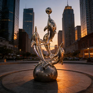 تمثال دولفين مخصص من الفولاذ المقاوم للصدأ - ديكور مائي OEM/ODM للحدائق الساحلية وعروض الأحواض المائية - Product Image 5