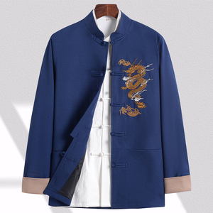 Nouvelle <span class=keywords><strong>tenue</strong></span> Tang de style chinois pour hommes jeunes et d'âge moyen, col montant brodé, manteau printemps-automne, Hanfu rétro - Product Image 2