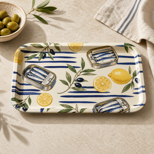 Bandeja de Metal con Estampado de <span class=keywords><strong>Sardinas</strong></span> Mediterráneas, Limón y Olivas, Estilo Costero, Bandeja para Enrollar Hierbas - Product Image 1
