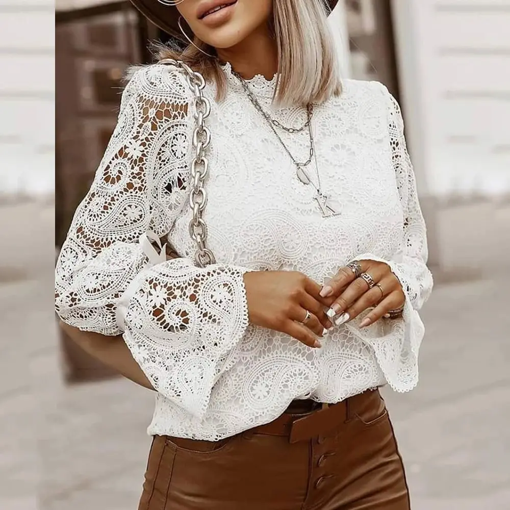 Sexy Lace Hollow Shirt Blouse Woman Spring Fall Fashion Long Sleeve O-Neck Shirts Top Femme White Vintage Loose Women Clothing