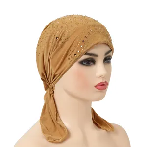 New Rhinestone Tie Back Inner Under Hijab Bonnet Cap Lycra Under Scarf Inner Cap Hair Chemo Hat Beanie