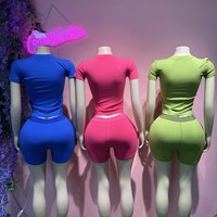 Set Pakaian Olahraga Wanita Rajutan Rib Knit Katun Elastis dengan Logo Custom Musim Panas, Atasan Crop Top dan Celana Pendek, 2 Potong, Set Lounge Wear