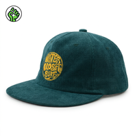 Casquette Snapback 5 Panneaux en Velours Côtelé Vert Rétro OEM avec Logo Brodé de Paillettes Jaunes, Visière Plate, Réglable, Quatre Saisons, Vente en Gros