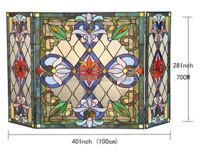 Stained Glass Fireplace <b>Screen</b> 3 <b>Panels</b> Floral Design Traditional <b>Decor</b> Blue Color Rectangle Shape Artistic <b>Decoration</b> 100*70CM - Product Image 4