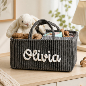 Cesta de Almacenamiento de Juguetes para Bebés con Nombre Personalizado, Organizador de Pañales de Pana Personalizado con Asas, Decoración para Cuarto de Bebé - Product Image 1