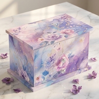 Boîte à bijoux musicale en aquarelle, motif floral violet et rose, accents dorés, organisateur en bois à deux tiroirs, bouton en cristal, rangement, vente en gros