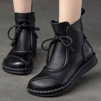 Bottines à talon plat confortables pour femmes, style coréen vintage, cousues à la main, en similicuir souple, avec fermeture éclair latérale, nœud en corde tressée, 1-3 cm
