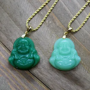 Best Selling Ins Gold Plated Hip Hop Buddha Pendant Iced Out Green Jade Laughing Happy Buddha Necklace Jewelry