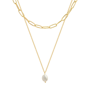 Cadena de serpiente de acero inoxidable chapado en oro de 18k, collar de perlas multicapa doble, Link 2, venta al por mayor - Product Image 1