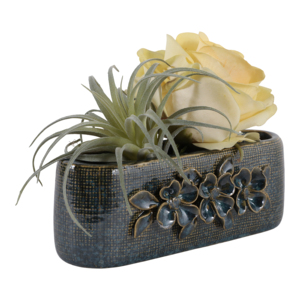 Vaso ovale in ceramica con applicazioni floreali per uso interno ed esterno, vaso decorativo in gres per piante. - Product Image 2