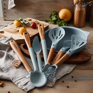 Wholesale Portable Multifunction <b>Silicone</b> Kitchen Utensils Set With Wooden Handle - Product Image 3