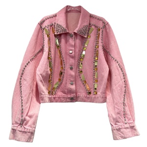 Chaqueta vaquera de alta calidad para <span class=keywords><strong>mujer</strong></span> con remaches dorados populares y decoraciones de diamantes de imitación, gran oferta, chaqueta de moda para niñas - Product Image 1