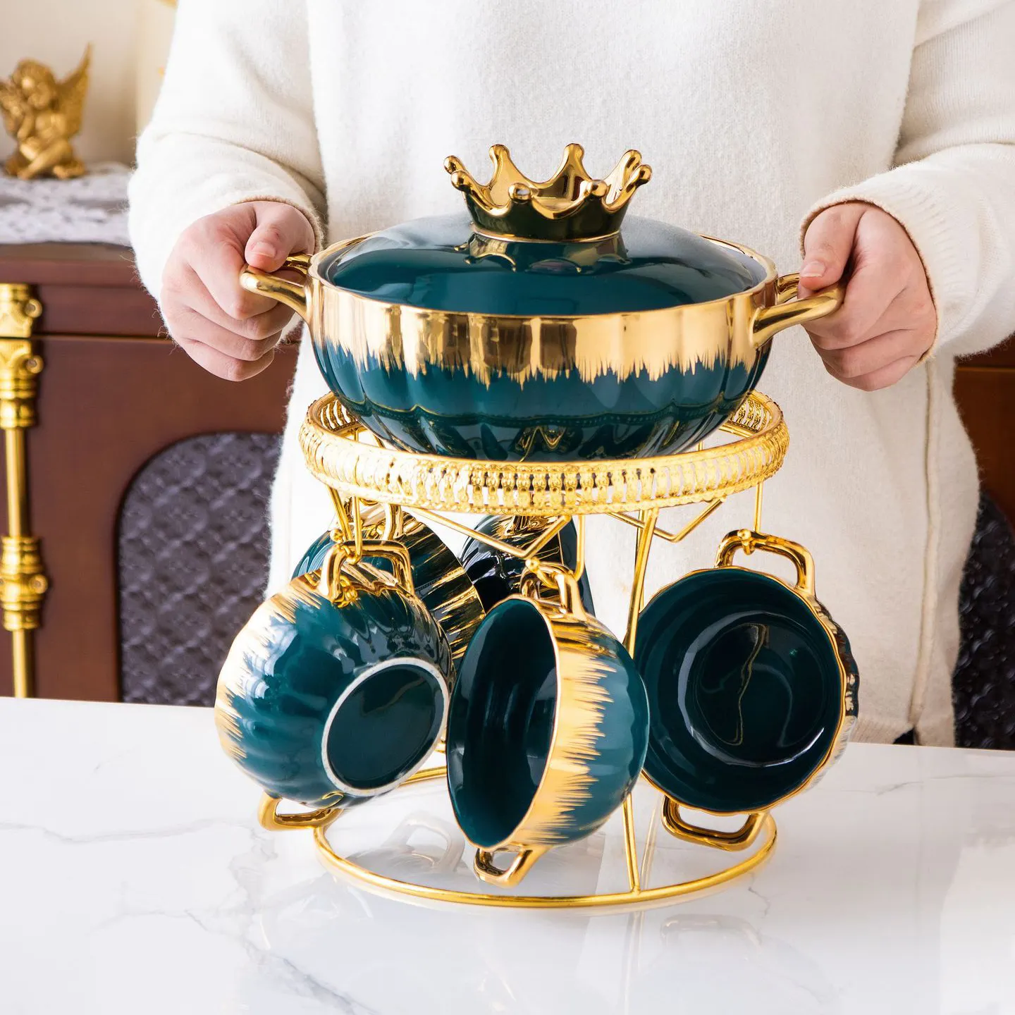 NISEVEN Set panci sup keramik, Set panci sup keramik tepi berlapis emas dengan Set mangkuk