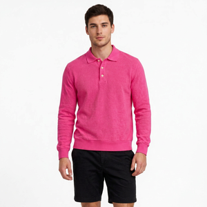 Suéter Rosa de Manga Larga para Hombre, Tejido de Felpa, Algodón y Spandex, Cuello con Botones, Casual, Transpirable, 220g, Jersey con Logotipo Personalizado en la Parte Delantera - Product Image 1