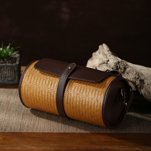 Chinese Style Bamboo Woven Bag Cowhide Crossbody Bucket Bag For Women All Seasons Vintage Design - Product Image 1
