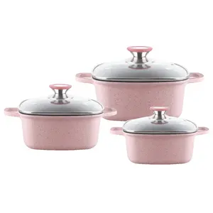 6pcs pink aluminum stone granite marble coating cookware sets with silicone knob