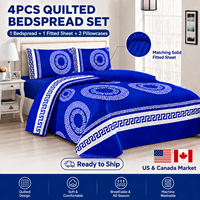 En stock : Ensemble de literie matelassé 4 pièces avec drap-housse uni assorti et couvre-lit imprimé pour le marché américain et canadien