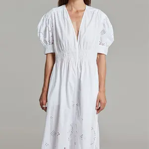Custom shirring wrap midi dresses embroidery burn out boho fashion long womens dresses summer white linen dresses for women