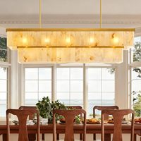 Lampu Gantung Alabaster Alami Mewah Bentuk Persegi Panjang dengan Bingkai Logam Emas, Lampu Linear untuk Pulau Dapur, Ruang Makan, Vila, Hotel