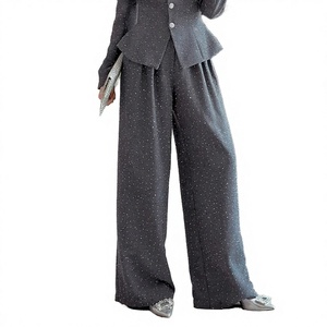 Pantalon droit formel gris respirant tissé à boutons pour femme ZYHT 35365, taille haute, design plissé, tissu polyester/spandex, automne - Product Image 3