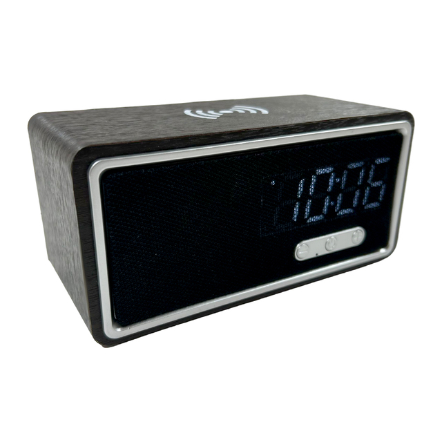 OEM Wood Color BT 5.3 Speaker-15W Wireless Charger 1200mAh DC Power Bank Alarm Clock TWS 3W Bass Full-Range for Home Decoration