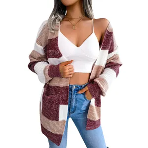 Autumn Winter Color Contrast Striped Lantern Sleeve Sweater Casual Cardigan Knitted Women's Sweater Coat